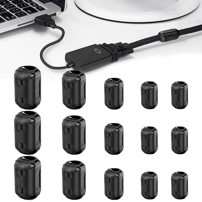 Ferrite Cores - Pack of 15 Ferrite Cores for Cables, Power Cable, USB, Coils, Inner Diameter 3.5 mm, 5 mm, 7 mm, 9 mm, 13 mm, Black Folding Ferrite Noise Reduction