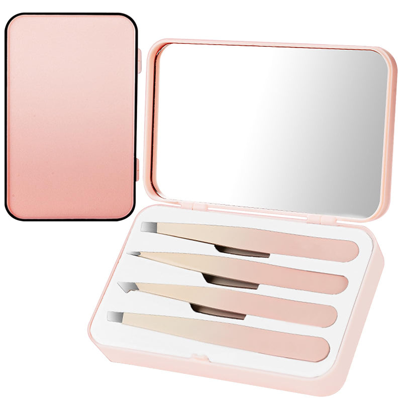 Hshenjhu Set of 4 Tweezers for Facial Hair for Women, Precision Tweezers with Travel Case, Tweezers with Mirror, Stainless Steel Tweezers for Eyebrows for Women and Men (Pink)
