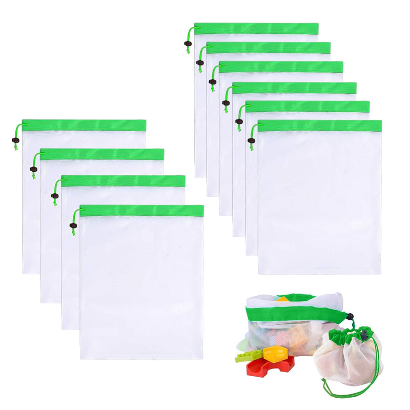 [AUSTRALIA] - Vimmvid Pack of 10 Fruit Vegetables Large Mesh Bag, Washable Vegetable Net and Shopping Net with Drawstring, Transparent Mesh Bags for Fresh Storage of Fruit and Vegetables, Green, Unit size 