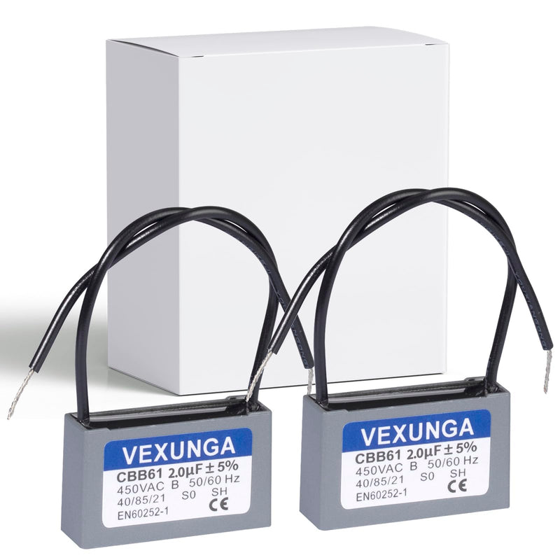 CBB61 Fan Capacitor 2uF 450 Volt Ceiling Fan Capacitors Replacement 2MFD 450V AC 450VAC 50/60Hz 2Wire for Fans Motor Start Run (2Pcs)