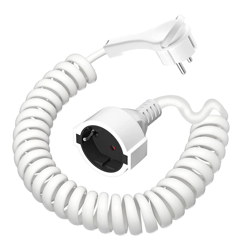 Earthing Contact Spiral Extension, 0.8 m to 2 m Stretchable Spiral Cable with Flat Plug and Earthing Contact Coupling, (230 V/16 A) PVC Extension Cable, IP20, White WS 2M LG