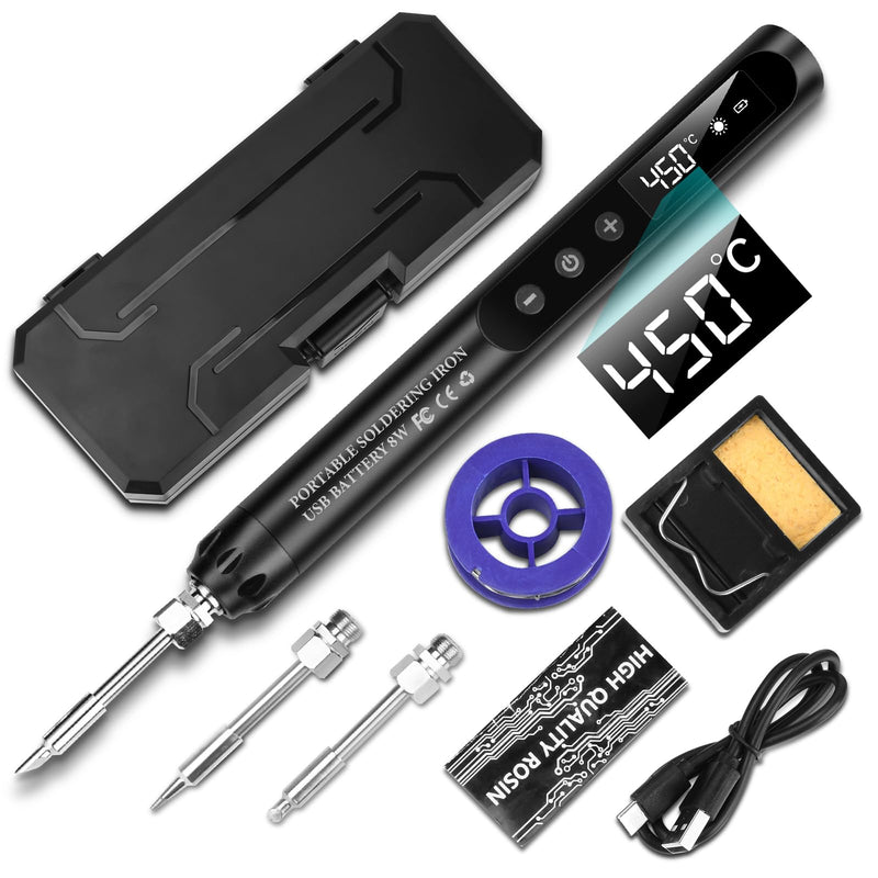 Voktta USB Rechargeable Soldering Iron with LCD, Battery Soldering Iron Set, Ceramic Heating Core, Adjustable Temperatures 200-450°C, with 3 Soldering Tips, It is for Repairing Circuit Boards etc