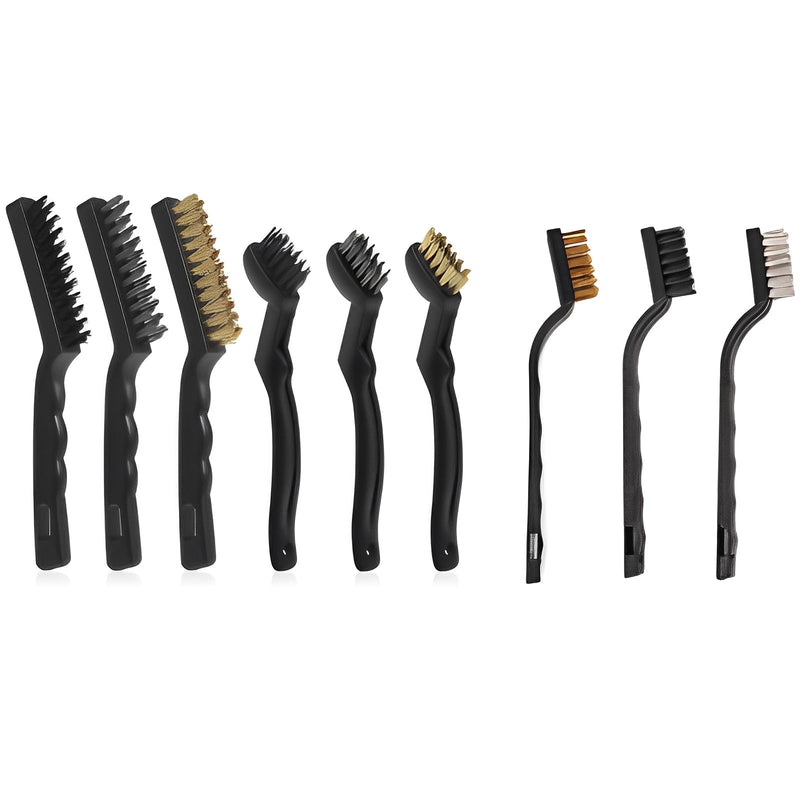 Hand Wire Brush Set, 9 Pieces, 3 x Nylon Brushes, 3 x Stainless Steel Brushes, 3 x Brass Wire Brushes, for Removing Stubborn Residues, Rust, Cleaning Grill, Rust, Oil Stains, Painting, Dust