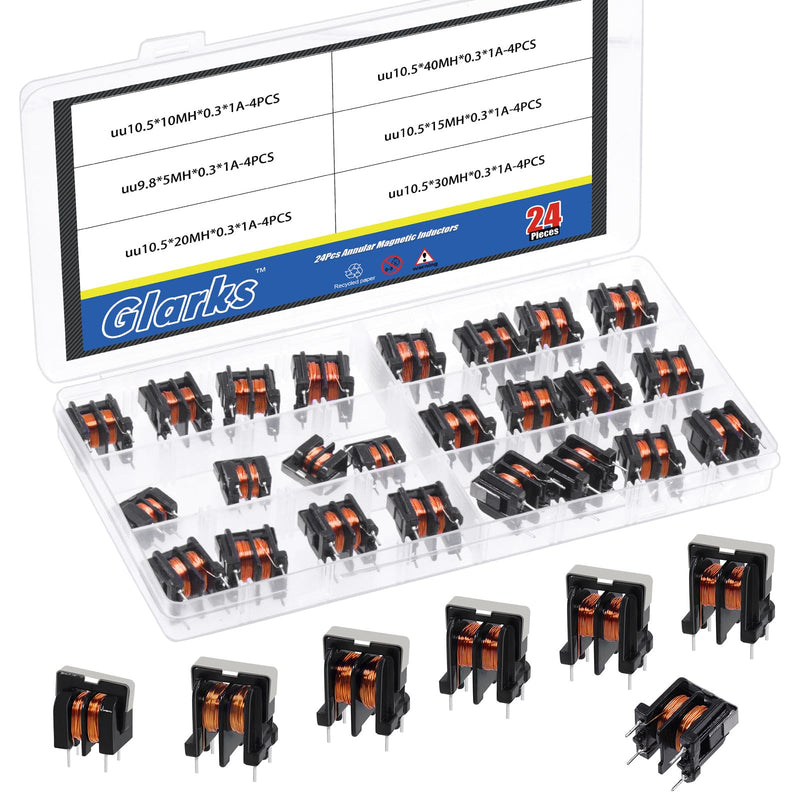 Glarks 24pcs 5/10/15/20/30/40 MH Toroid Magnetic Inductor Kit, Copper Wire Wind Wound Inductance Coil, Inductance Copper Coil for Transformers DIY Circuit Board UU9.8 x 5MH, UU10.5 x 10MH 15MH 20MH 30MH 40MH