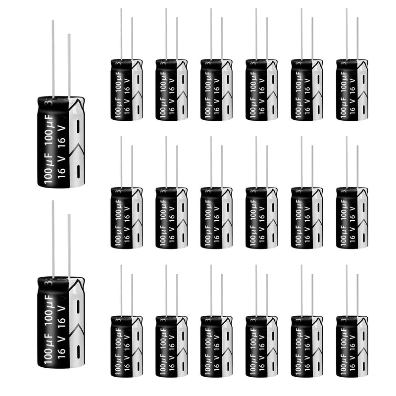 16V 100µF 50/60HZ Electrolytic Capacitors, Aluminium Electrolytic Capacitors, 5 x 11 mm, Capacitors 100uF 16V, Suitable for a Wide Range of Electronic Applications, Switching Power Supplies (20 Pieces 100µF 16V