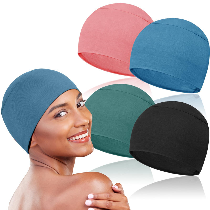 TSKNOMO 4 Pieces Chemo Headwear for Women Chemo Caps Sleep Cap for Hair Loss Black + Grey Green + Light Blue + Pink