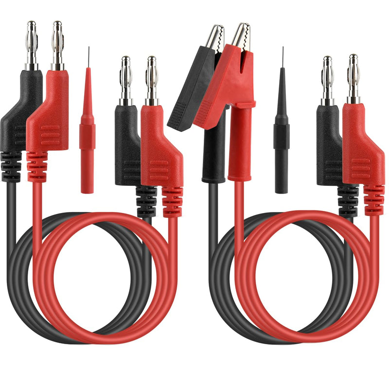 Multimeter Test Leads Set 4mm, 2pcs Banana Plug to Crocodile Clips Electrical Alligator Test Leads, 2pcs Double Ended Banana Plug 1m Test Lead with 2 Probes for Digital Multimeter 1000V 15A Red+Black