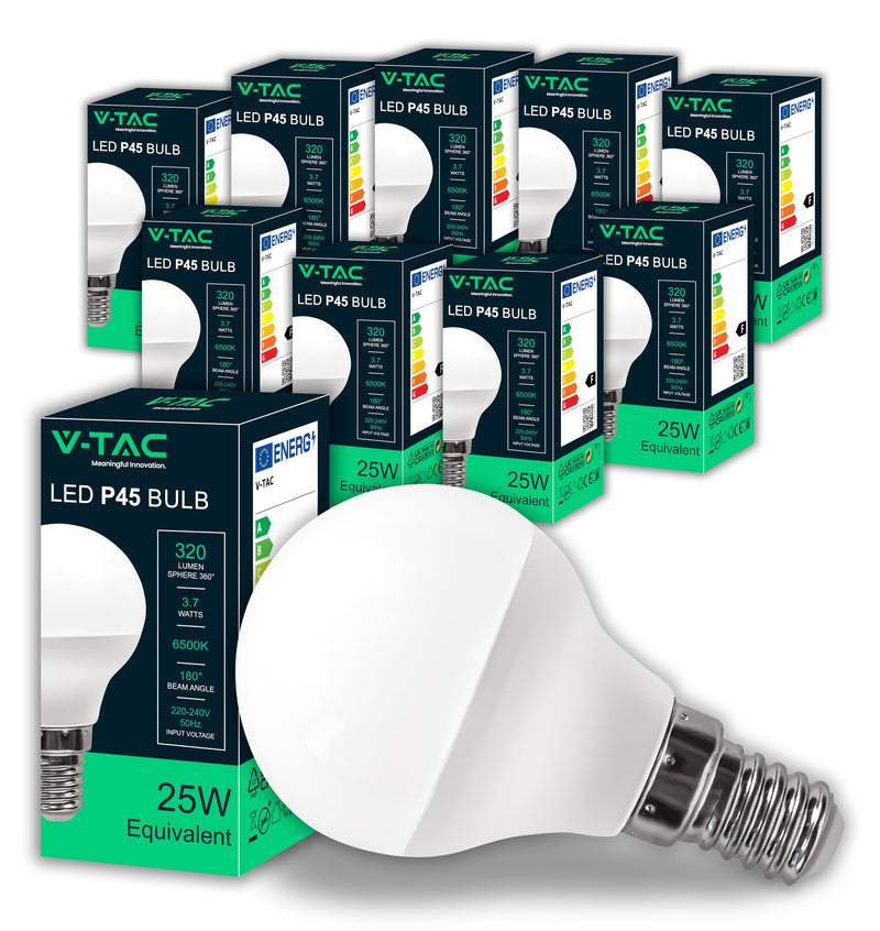 V-TAC 10 x LED Light Bulbs P45 Maximum Energy Efficiency E14 3.7 W (Equivalent to 25 W) 320 Lumen LED Light Bulbs Energy Saving Light Bulb Light 6500 K Cool White 3.7 watts Cold White