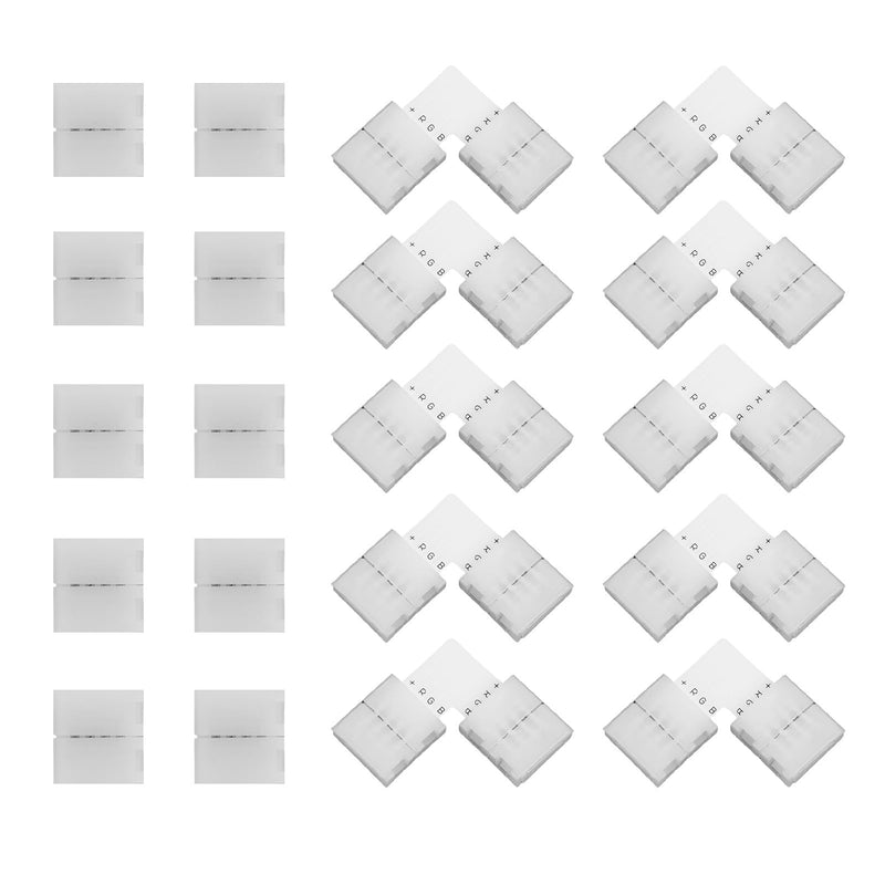 20 pieces 10 mm LED strip connector set, SMD 5050 RGB strips, includes L-shaped light strip connector, 4-pin, 4-pin gapless LED strip connector