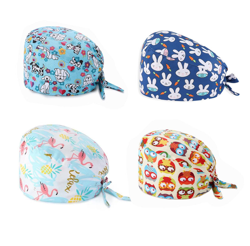 [AUSTRALIA] - Ziyonix Pack of 4 Surgical Caps with Buttons, Cotton Nurse with Sweatband, Bandana Work Caps, Adjustable Surgical Hat for Women and Men 