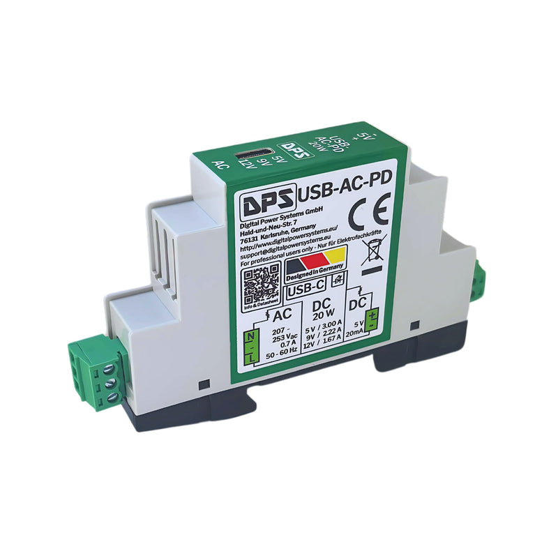 DPS DIN Rail Power Supply USB-C 230V AC, 20W Power Delivery - 5V/9V/12V - with Short Circuit & Surge Protection - Industrial Quality USB-C-AC-PD
