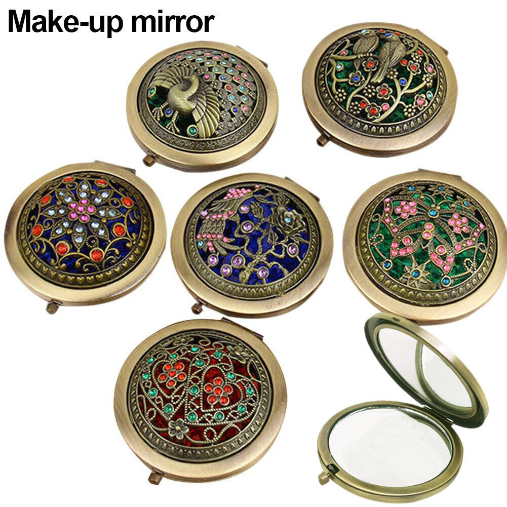 OULII Mini Round Double-Sided Folding Mirror Vintage Cosmetic Makeup Purse Mirror Pocket Mirror (Random Color)