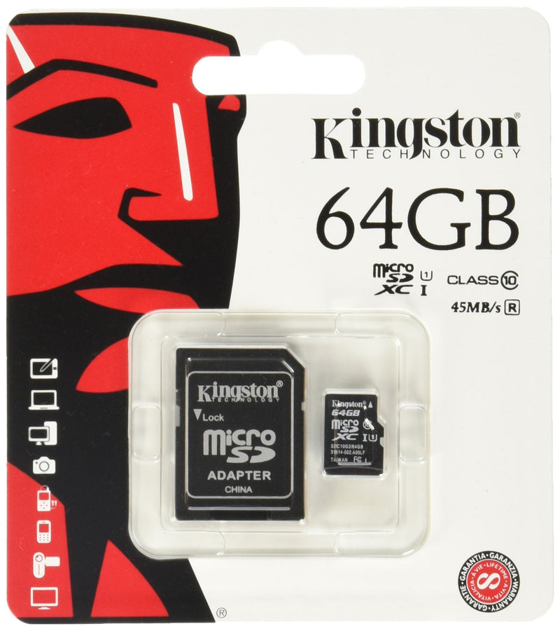 Kingston Digital 64 GB microSD Class 10 UHS-1 Memory Card 30MB/s with Adapter (SDCX10/64GB) Standard Packaging