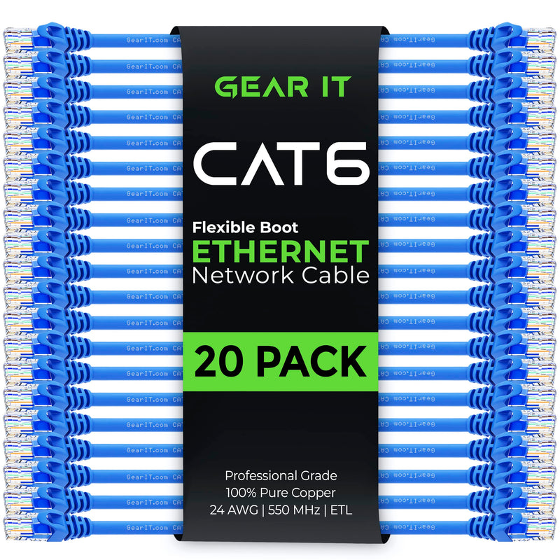 GearIT 20-Pack Cat6 Patch Cable 1 Foot Cat 6 Ethernet Cable Snagless Flexible Soft Tab - Preimum Series - Blue 1 Foot (20-Pack)