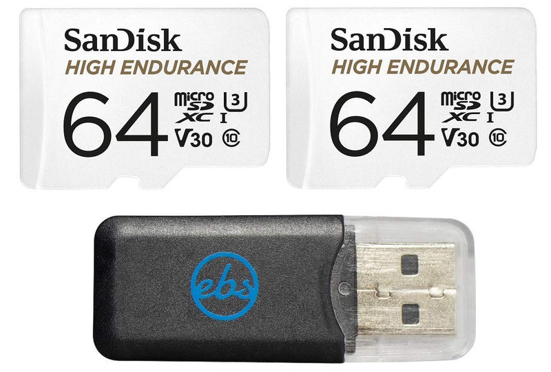 2-Pack SanDisk High Endurance Video Monitoring MicroSD MicroSDHC Card with Adapter 64GB (SDSDQQ-064G-2PK-R4BK) Bundle with Everything But Stromboli Memory Card Reader