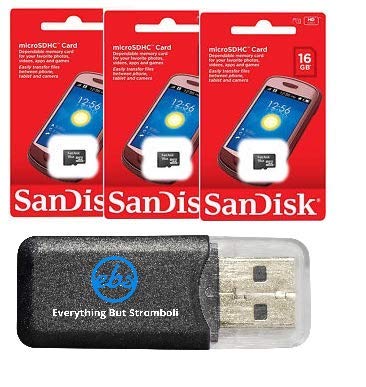 SanDisk 16GB (3 Pack) MicroSD HC Memory Card SDSDQAB-016G (Retail Packaging) LOT of 3 Bundle with (1) Everything But Stromboli Memory Card Reader