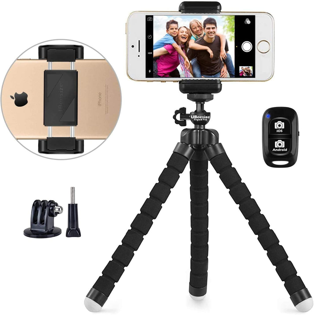 UBeesize Phone Tripod, Portable and Adjustable Camera Stand Holder with Wireless Remote and Universal Clip, Compatible with Cellphones, Sports Cameras Holder (Color May Vary - Black/Grey)