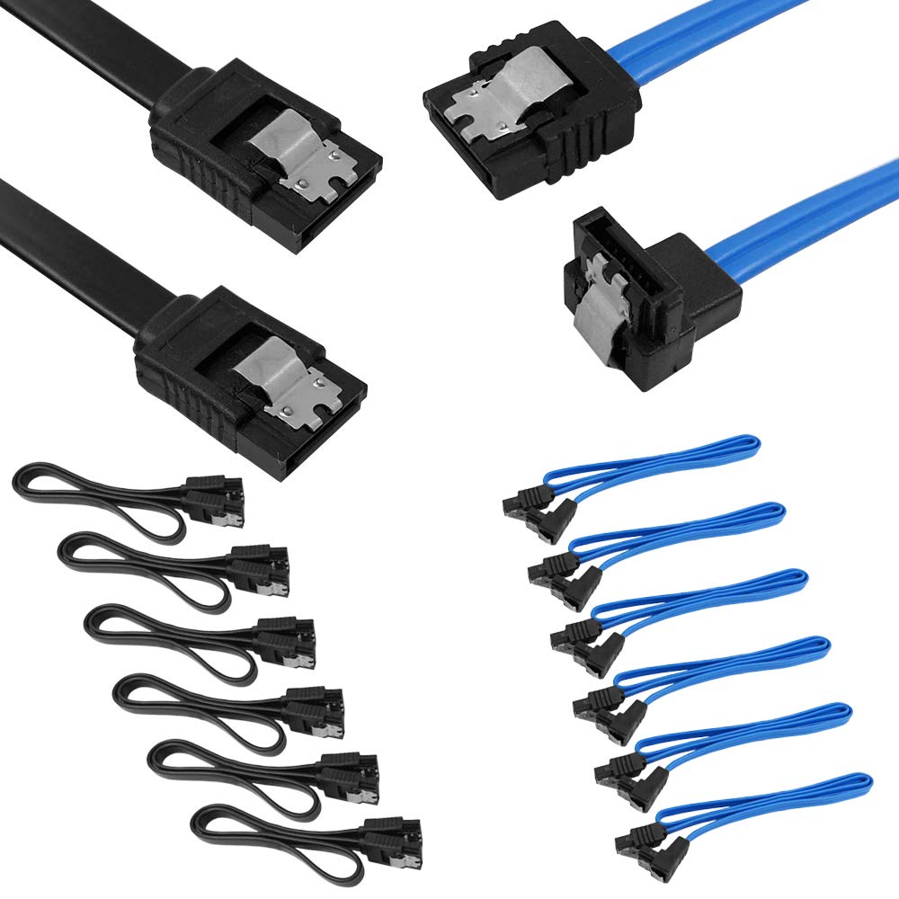 DaKuan Set of 12, Straight and 90 Degree Right-Angle SATA III Cable 6.0 Gbps with Locking Latch, SATA III Cable (6X Black, 6X Blue)