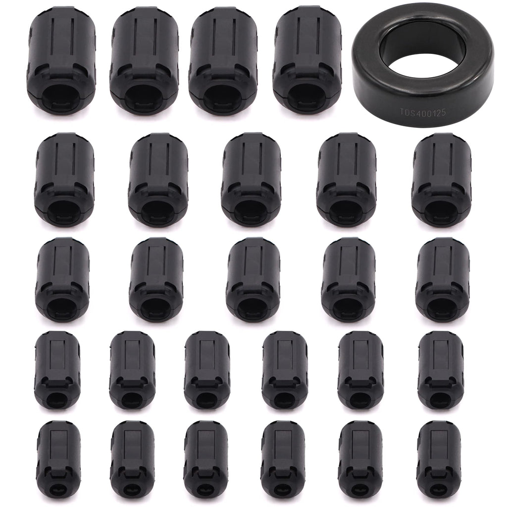 Taigoehua 27 Pieces RFI EMI Noise Suppressor Cable Clip for 3mm/ 5mm/ 7mm/ 9mm/ 13mm Diameter Cable with 40X24X16mm Ferrite Ring Toroid core Iron (Black)