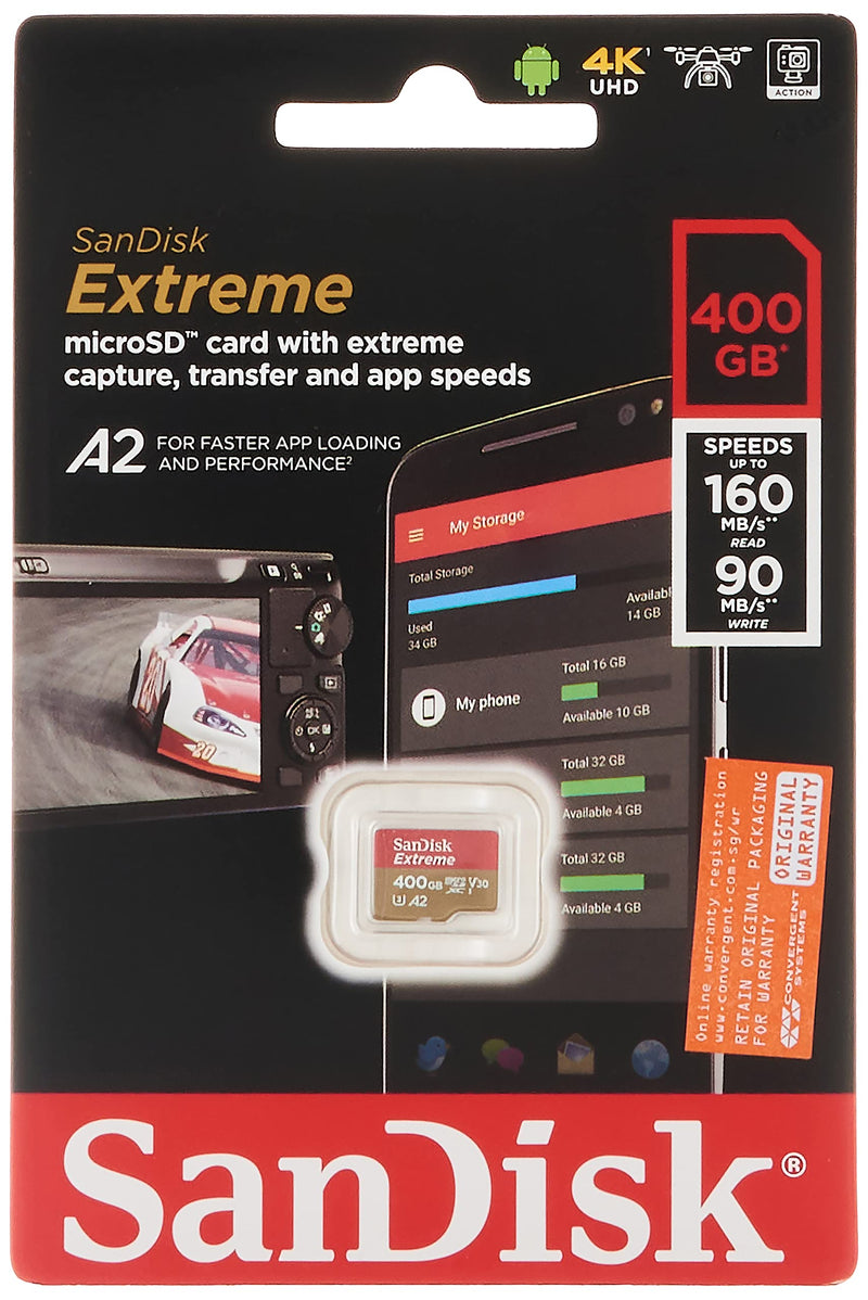 SanDisk 400GB Extreme MicroSDXC UHS-I Memory Card - C10, U3, V30, 4K, A2, Micro SD - SDSQXA1-400G-GN6MN