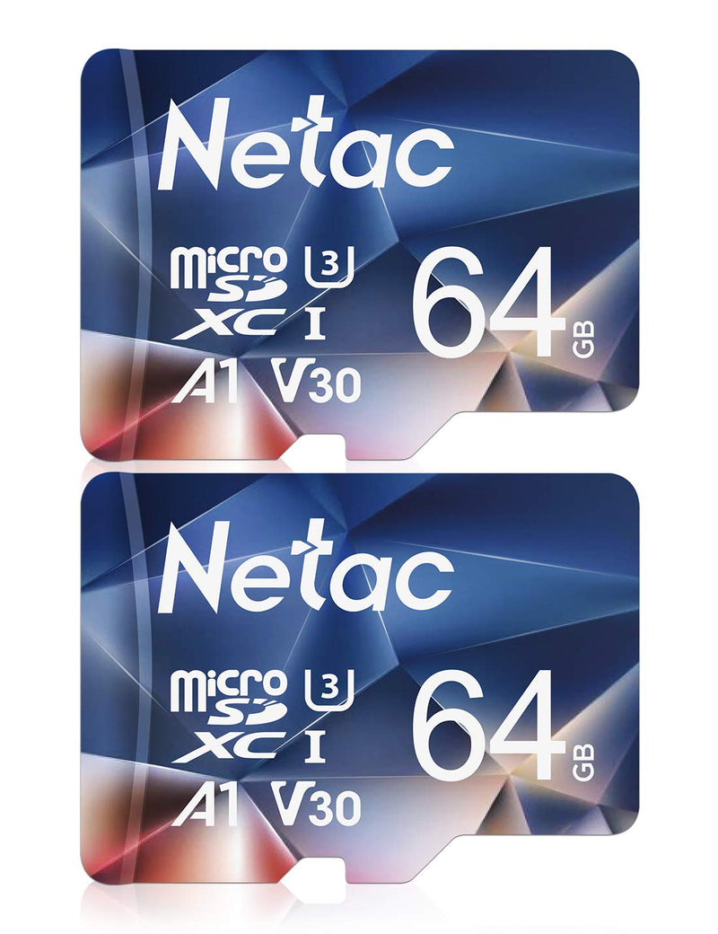 Netac Micro SD Card 64GB 2 Packs, Mini TF Memory Card with up to 100 MB/s, UHS-1, U3, Class 10, SDXC, EXFAT, V30, A1, 4K, UHD, FHD 2 in 1