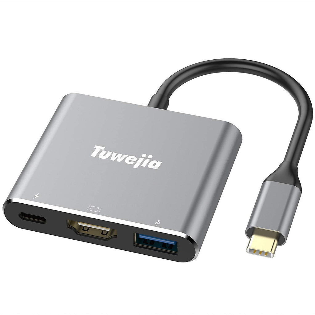 Tuwejia USB C to HDMI Multiport Adapter USB 3.1 Gen 1 Thumderbolt 3 to HDMI 4K Video Converter/USB 3.0 Hub Port PD Quick Charging Port with Large Projection Grey