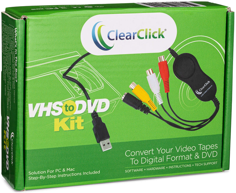 ClearClick VHS to DVD Kit for PC & Mac - USB Device, Software, Instructions, & Tech Support - Capture Video from VCR, VHS, Hi8, Camcorders, Gaming Systems