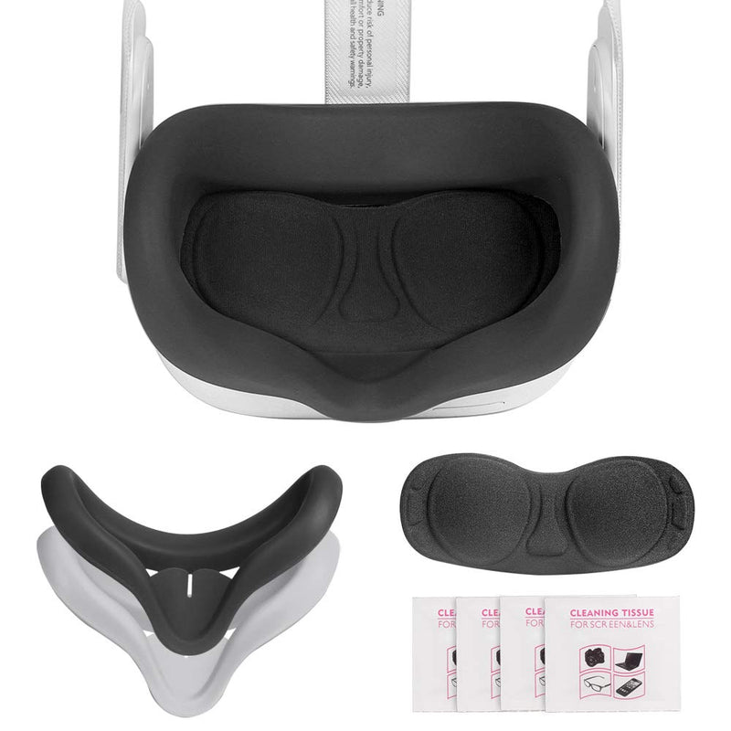 HIJIAO New Silicone Face Cover(2 Pieces Black+Gray)&Lens Protect Cover for Oculus Quest 2，Sweatproof Lightproof Washable Face Cushion，Comes with 20 Wipes