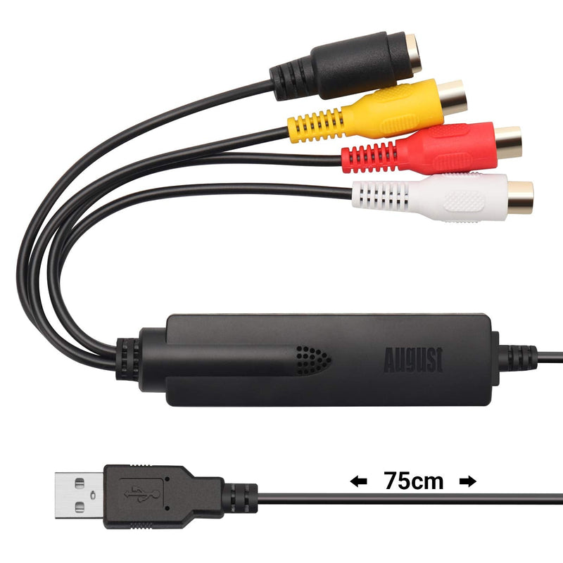 August USB Video Capture Card Grabber VGB350 - Transfer VHS Mini DV Hi8 DVD to Computer for Windows 11,10,8,7, Composite S-Video, PAL/NTSC/SECAM, Convert Video from VCR & Camcorder