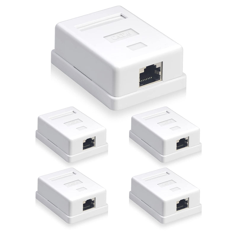 VCELINK Cat6 RJ45 Surface Mount Box Shielded 1-Port, Compatible with UTP Cat6/Cat5e/Cat5 Stranded or Solid Network Cables, 5-Pack, White