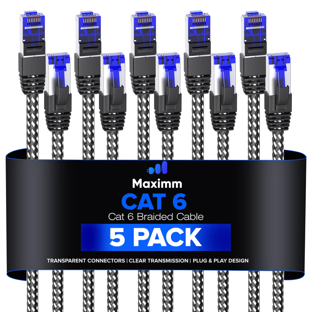 Maximm Ethernet Cable & Cat6 Network Cable,3 ft, Super-Durable Black Braided LAN Rj45 Internet Cable/Cord, High Speed Cat6 Ethernet Cable (5 Pack)