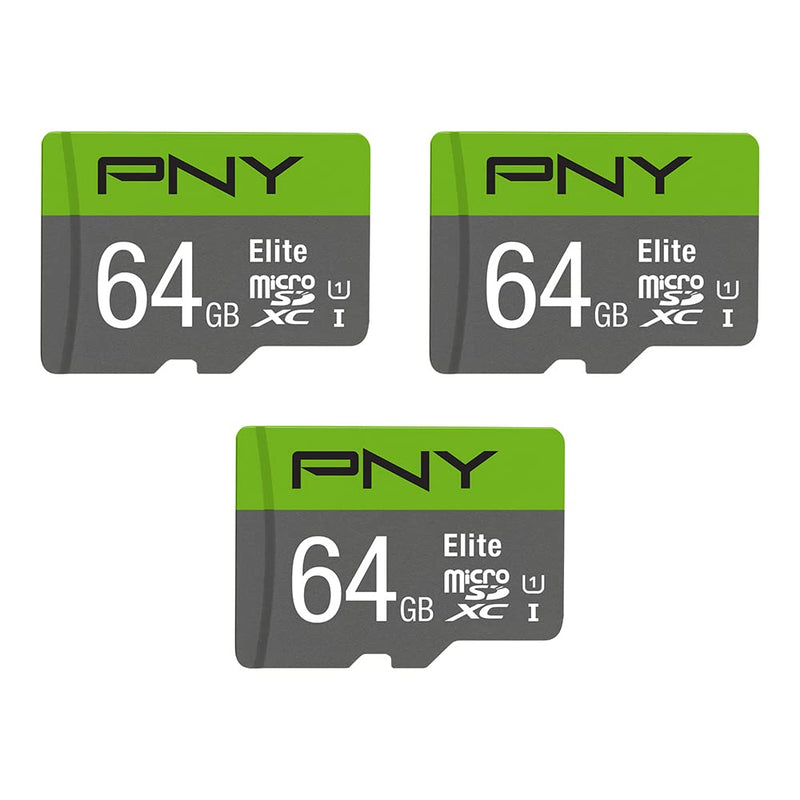 PNY 64GB Elite Class 10 U1 microSDXC Flash Memory Card 3-Pack - 100MB/s, Class 10, U1, Full HD, UHS-I, Micro SD FLASH CARD - 3 PACK