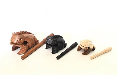Percussion Instruments Wooden Frog 3 Piece Set of 4 Inch Brown Frog, 3 Inch Black Frog, 2.75 Inch Natural Wood Frog, Wooden Frog Musical Instrument.