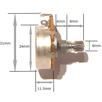 Set of strat guitar potentiometers Tone, Tone, Volume 24mm dia 2x A500K 1x B500K short shaft