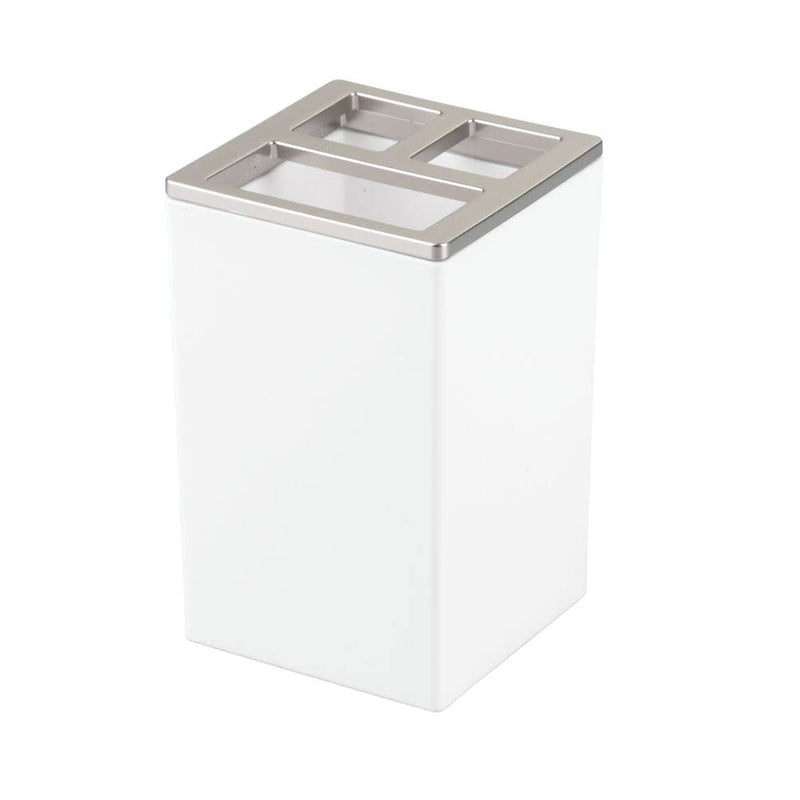 mDesign Plastic Bathroom Storage Jars, Vanity Decor Accessory, Countertop Organizers; Soap Dispenser, Toothbrush Holder, Toothpaste Caddy, Rinsing Cup; Lumiere Collection - Set of 4 - White/Brushed