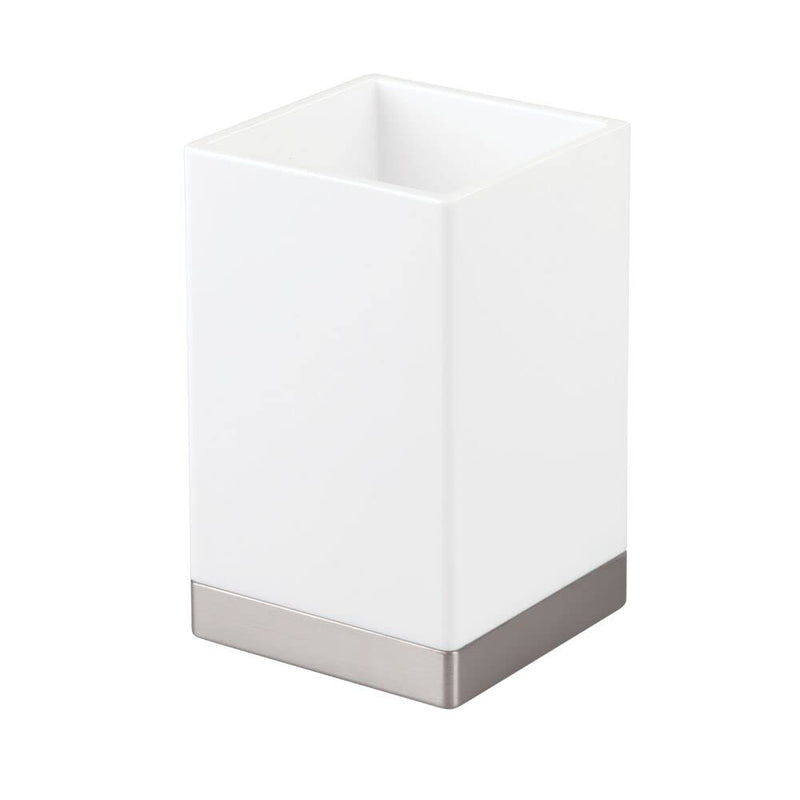 mDesign Plastic Bathroom Storage Jars, Vanity Decor Accessory, Countertop Organizers; Soap Dispenser, Toothbrush Holder, Toothpaste Caddy, Rinsing Cup; Lumiere Collection - Set of 4 - White/Brushed