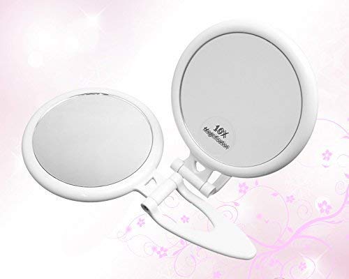 Foldable Handheld 10x Magnifying Travel Mirror - 10x and 1x Magnification, Two sided mirror that has a convenient handle. Perfect for traveling.