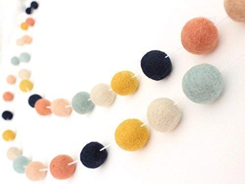 "Arizona" Handmade Wool Felt Ball Garland by Sheep Farm Felt- Coral, Mint, Navy, Mustard, Peach & Cream Felt Ball Garland, Pom Pom Garland. 1 inch balls. 7 Feet Long. 28 Felt Balls