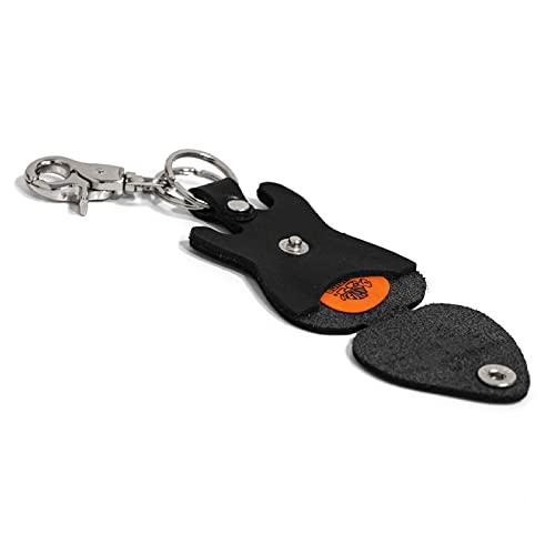 Fender Stratocaster Guitar shaped pick holder made of real leather with keychain and hook Made in Italy by Ends Cuoio (black) Black