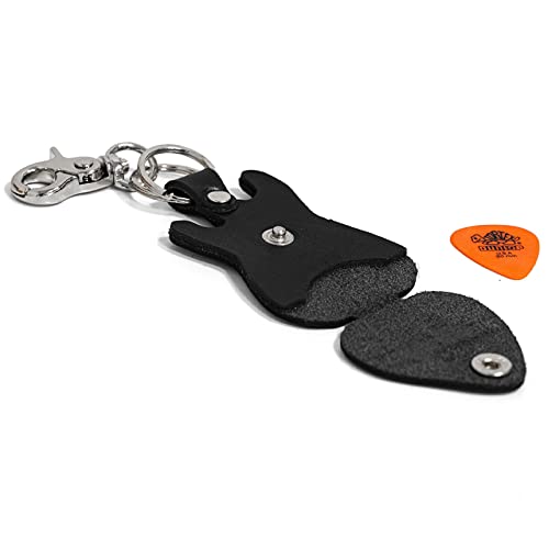 Fender Stratocaster Guitar shaped pick holder made of real leather with keychain and hook Made in Italy by Ends Cuoio (black) Black