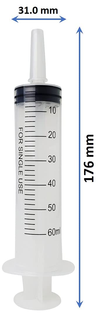 60 ml, 60 cc, Large Plastic Syringe for Scientific and Industrial Use, Sterile, Individually Packed. (Pack of 10)