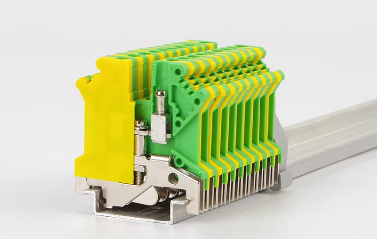 Fielect 10Pcs 0.2-2.5mm2 USLKG3 DIN Rail Mount Grounding Terminal Block DIN Rail Terminal Blocks Screw Clamp Connector DIN Rail Mount Kit, 800V 34A, Yellow-Green