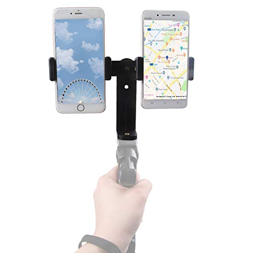 Dual Device Tripod, Monopole, Hand-Grip Mount Adapter for Live Video and Photography with Multiple Devices. Compatible with Most Smartphones: iPhone, Samsung Galaxy, Android, Google, etc