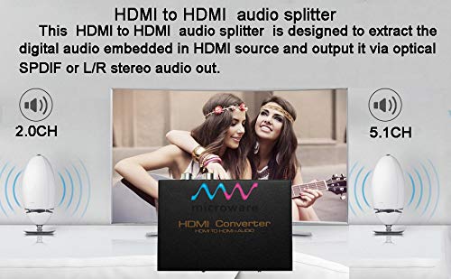 Hdmi to Hdmi and Optical Spdif + RCA L/R Audio Converter Hdmi Audio Extractor Splitter De-embedder (Hdmi in, Hdmi + Digital/Analog Audio Out)
