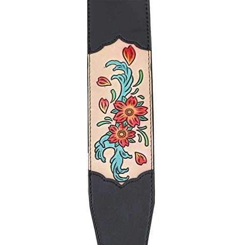 Walker & Williams CVG-165 Black Leather Padded Guitar Strap with Hand Carved Red & Blue Flowers