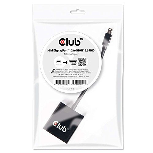 Club 3D, CAC-2170, Active Mini DisplayPort to HDMI 2.0 Adapter (Supports displays up to 4K / UHD / 3840x2160@60Hz) HDMI 2.0 Poly bag
