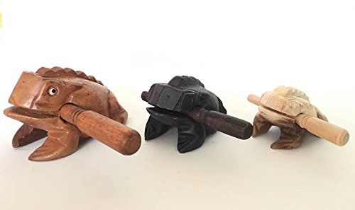 Percussion Instruments Wooden Frog 3 Piece Set of 4 Inch Brown Frog, 3 Inch Black Frog, 2.75 Inch Natural Wood Frog, Wooden Frog Musical Instrument.