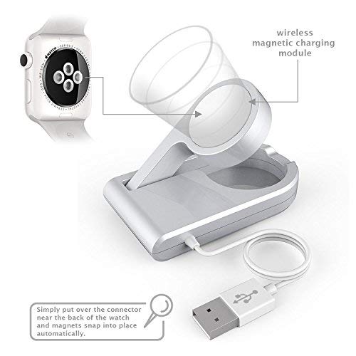 [MFI Certified] Replacement Protable Magnetic Charging Dock Compatible for Apple iWatch, Foldable Enable Nightstand Mode with 3ft Long USB Cable for All iWatch Series 1, 2, 3 (38, 42mm) (Silver) Silver color