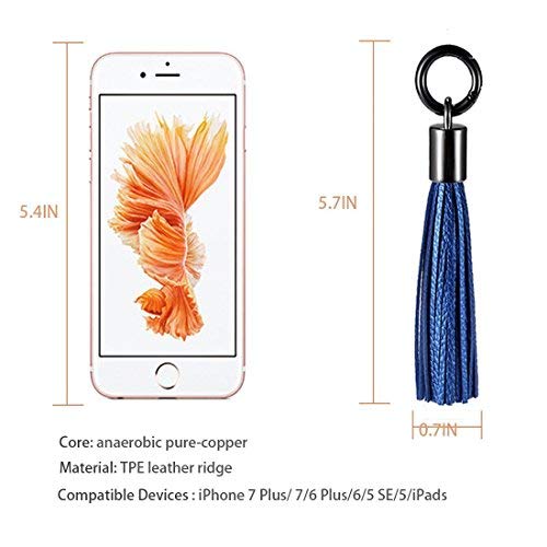 Lightning to USB Keychain Cable Leather Tassel with 7-Inch 2.4 Amp Lightning ChargeSync Cable for iPhone, iPad (Black Blue) L-Blue Black