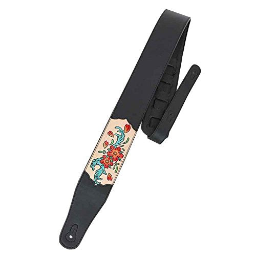 Walker & Williams CVG-165 Black Leather Padded Guitar Strap with Hand Carved Red & Blue Flowers